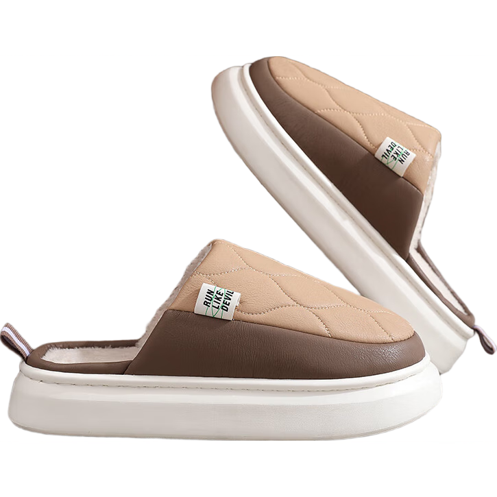 GUOLUOFEI Spring And Autumn Slippers for Men, Waterproof Indoor Cotton Slippers for Women, Thick-Soled Non-Slip Cotton Slippers, Khaki, Size 44/45