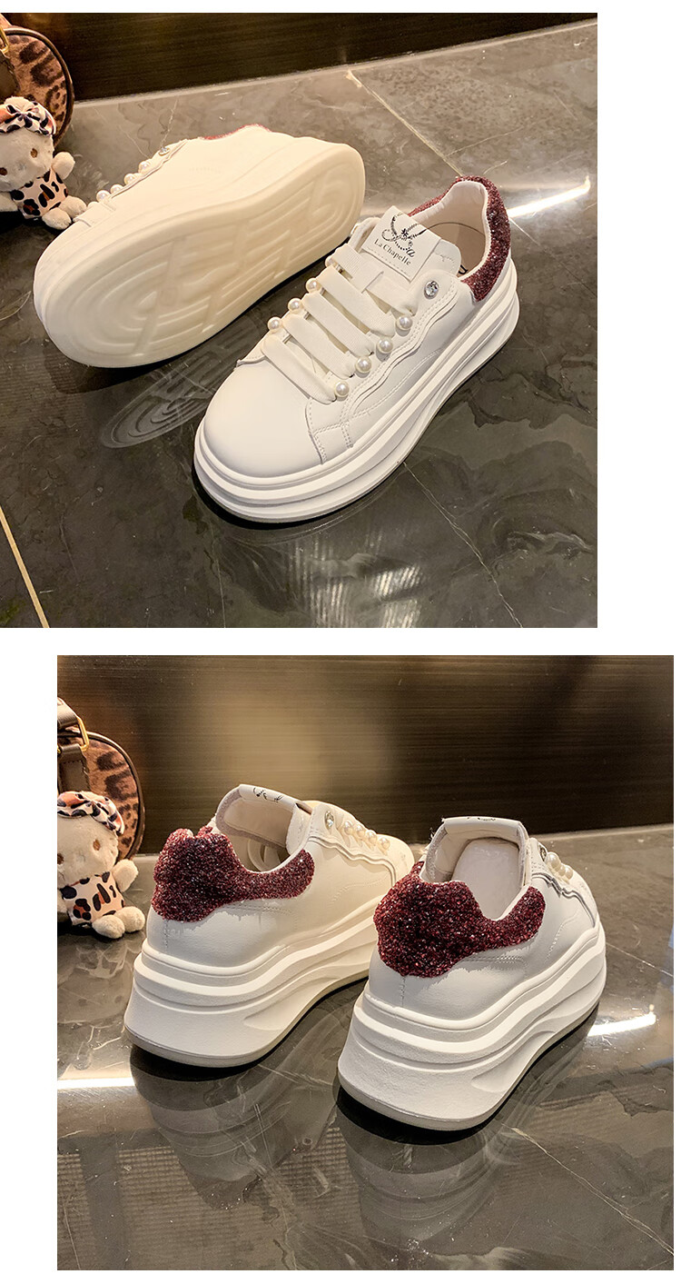 La Chapelle Women's Sneakers, Thick-Soled White Shoes, Versatile Pearl Lace-Up Sports White Shoes-JX005 Silver 39 19