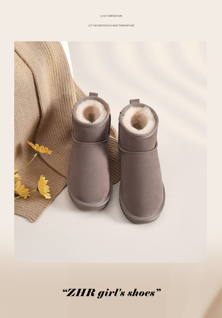 ZHR Snow Boots for Women, 2025 New Style, Fleece-Lined Warm Boots, Genuine Leather Waterproof Short Boots, Cotton Shoes for Women, Coffee Color, Size 35 25