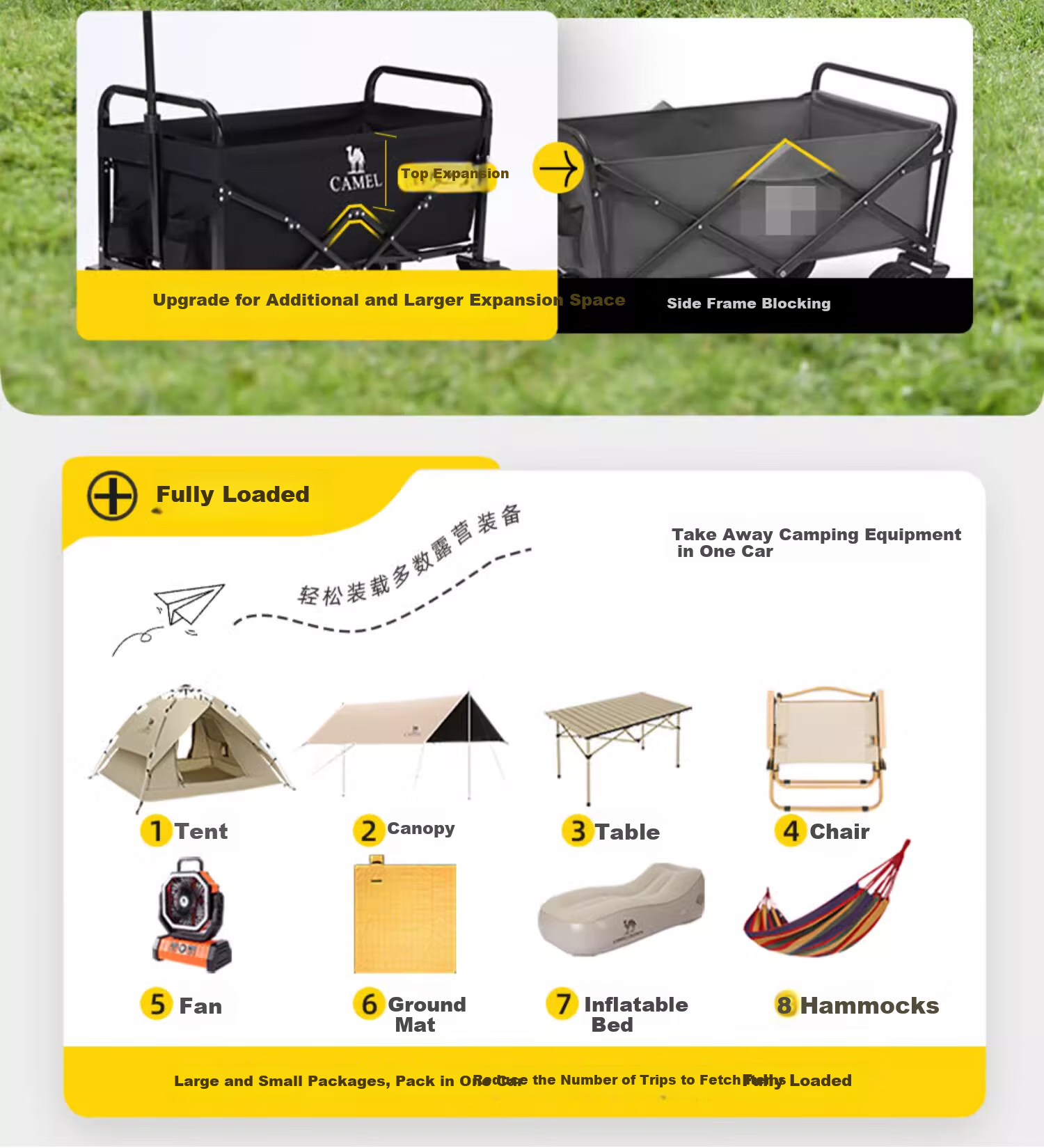 CAMEL Wide-Wheel Camping Cart, Foldable Pushcart for Grocery Shopping, Kids' Playground Trolley, Outdoor Trailer 1