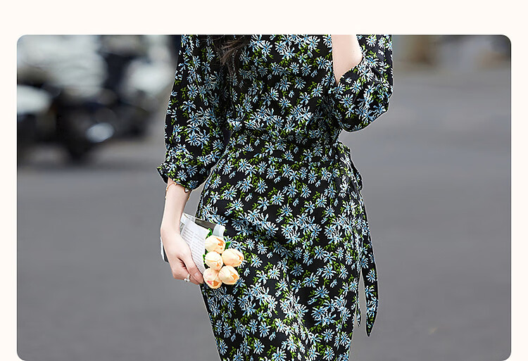 Demana Composite Silk Huayao Print Spring French Style Boat Neck Waist Cinched Floral Raglan Wrap Patchwork Women's Dress 2