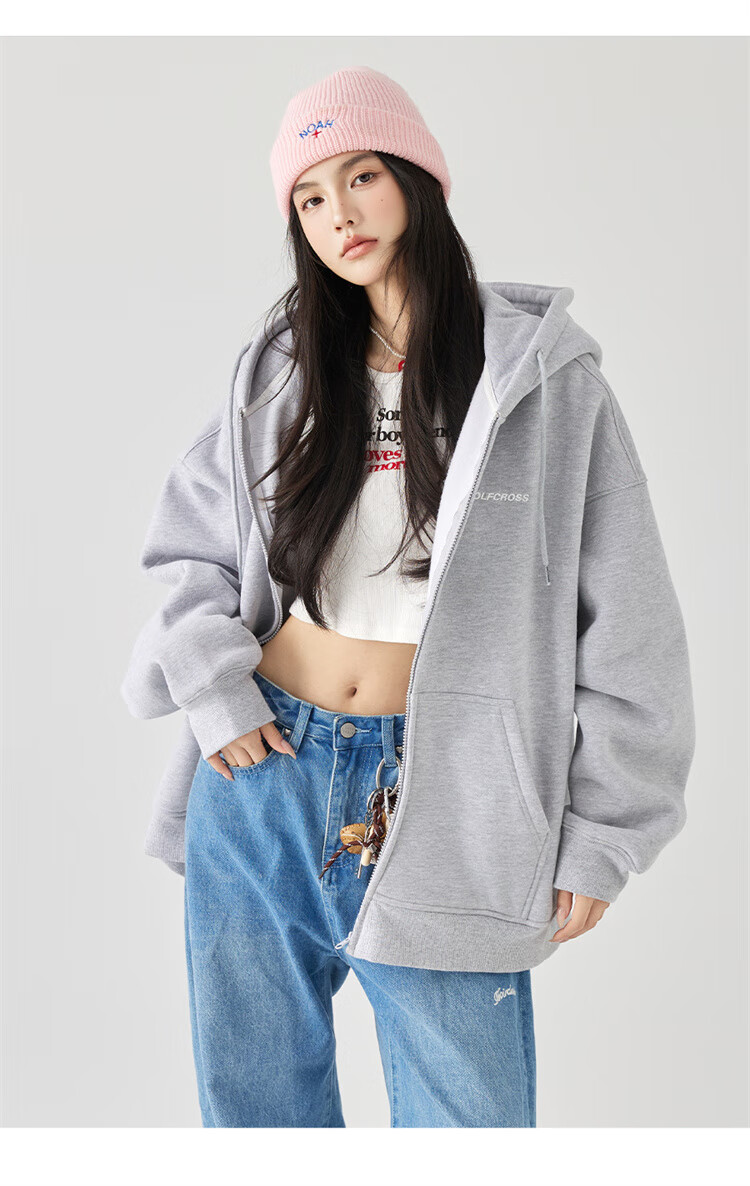 GOLFCROSS Couple's Style, 2025 Spring New Arrival, Letter Embroidery Hooded Drawstring Cardigan Sweatshirt, Floral Gray, M 15