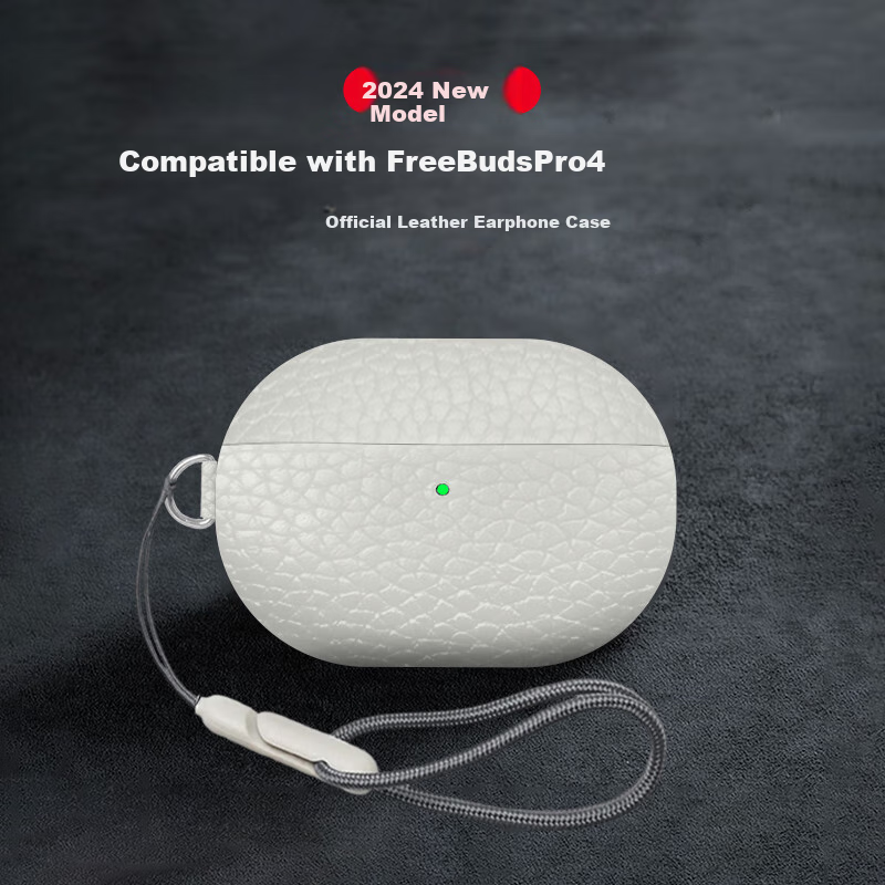 ESCASE Protective Case for Huawei Freebuds Pro 4, Compatible with Wireless Bluetooth Earphones, Genuine Leather, Dust-Proof, Non-Slip, Shockproof Case, White with Lanyard