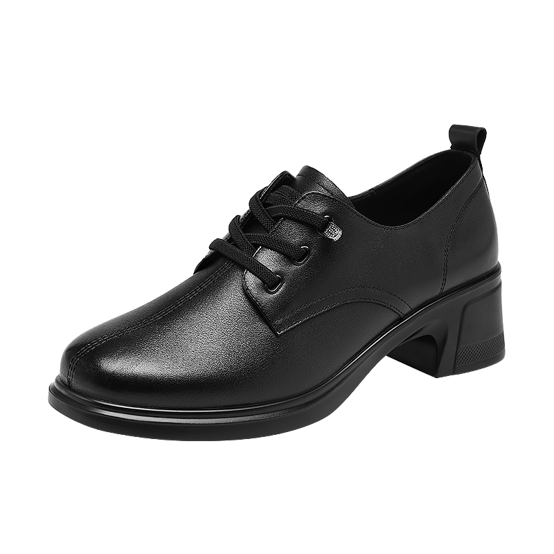 Red Dragonfly Women's Single Shoes First Layer Cowhide Small Leather Shoes British Casual Commuter Chunky Heel WTB152651 Black Size 35