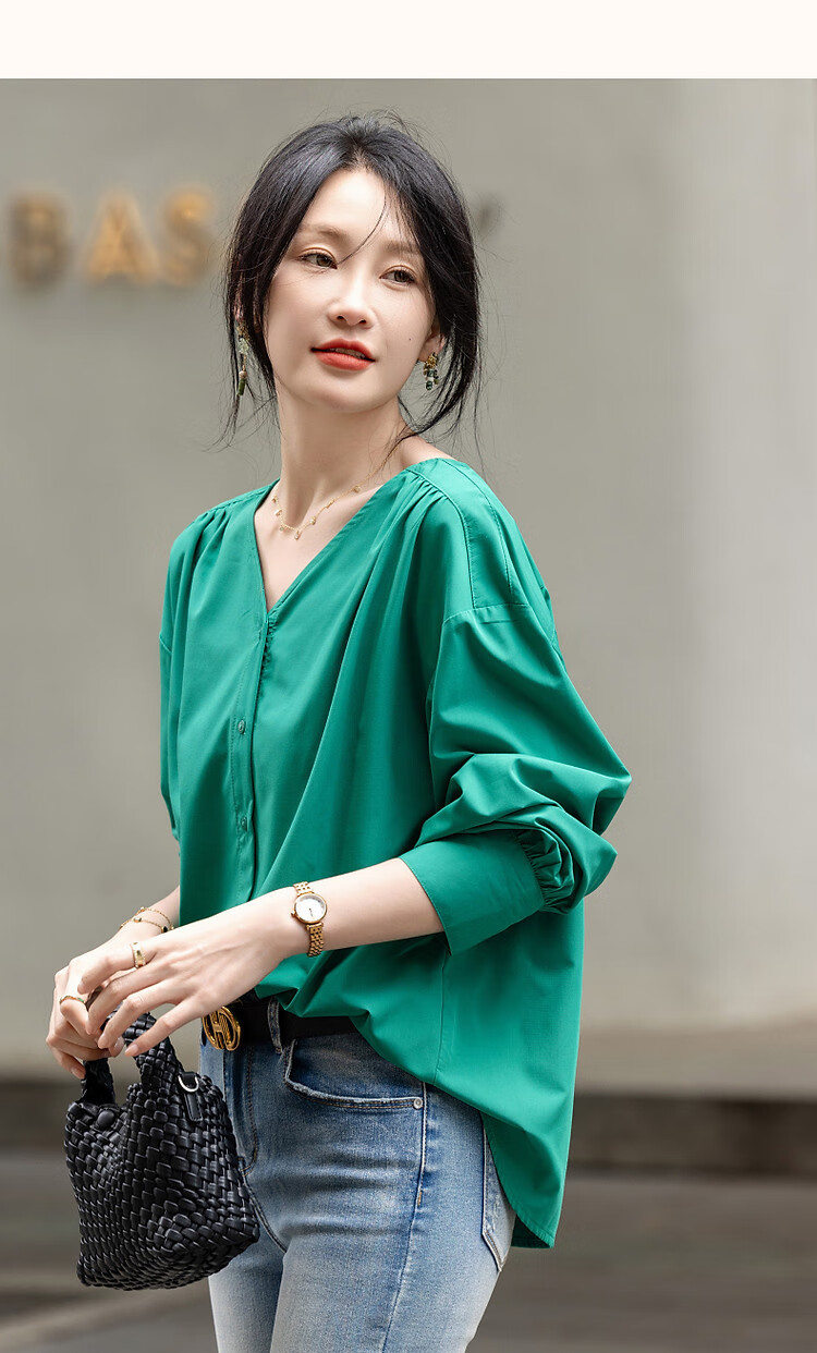 Dme [Dopamine Color Palette] Spring And Autumn French Relaxed V-Neck Shirt, Elastic Comfortable Slimming Blouse, Women's Top 9