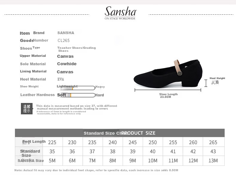 Sansha Dance Teacher Shoes, Ballet Folk Belly Dance Practice Shoes, Character Dance Exam Shoes, Adjustable, Black, Size 37 5