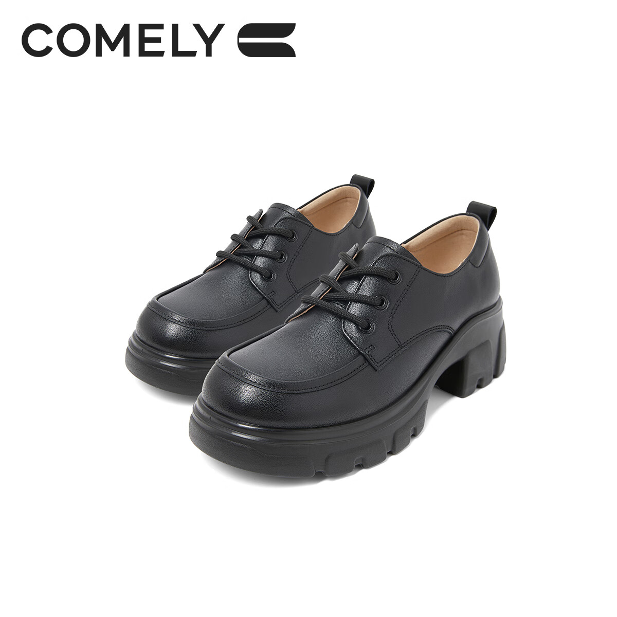 COMELY Thick-Soled Leather Shoes for Women, Spring New Style Cowhide Lace-Up Fashionable Versatile British Deep-Mouth Flats, Black, Size 39