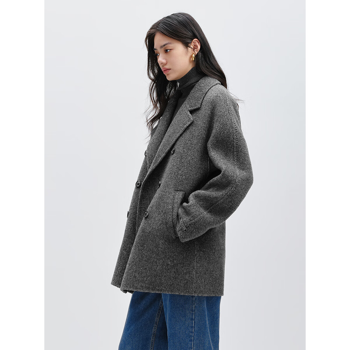 Taipingniao Women's Wool Coat, Master Zhenrou Series, Women's Double-Faced Wool Winter Coat, Fashionable, Gray, Size S