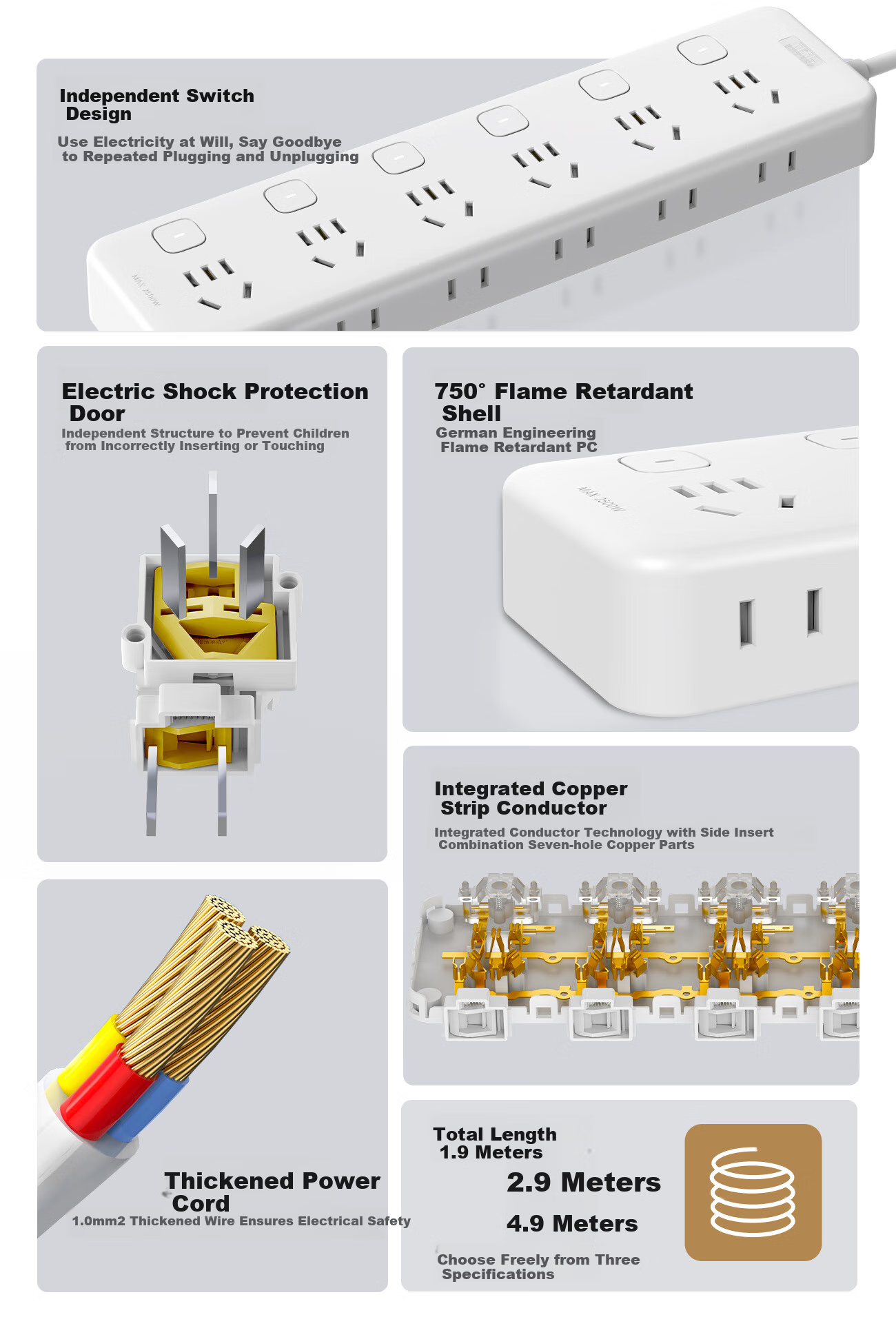 Kelaibo New National Standard Safe Power Strip/Extension Cord/Power Board/Power Bar/Outlet Strip/Power Strip with Cord/Power Board for Desktop Home Use, 6 Outlets with Individual Control, 12 Outlets, 4.9 Meters, STY-1 3