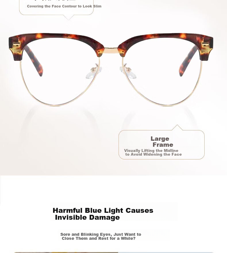 Boshide Myopia Glasses, Anti-Blue Light Glasses, Korean Retro Semi-Rimless Cat Eye Plain Lens Glasses, Douhua Frame 100 Degrees 8