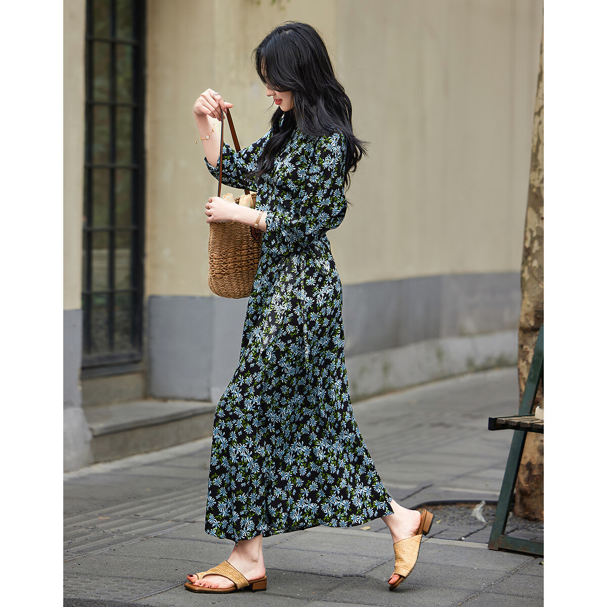 Demana Composite Silk Huayao Print Spring French Style Boat Neck Waist Cinched Floral Raglan Wrap Patchwork Women's Dress