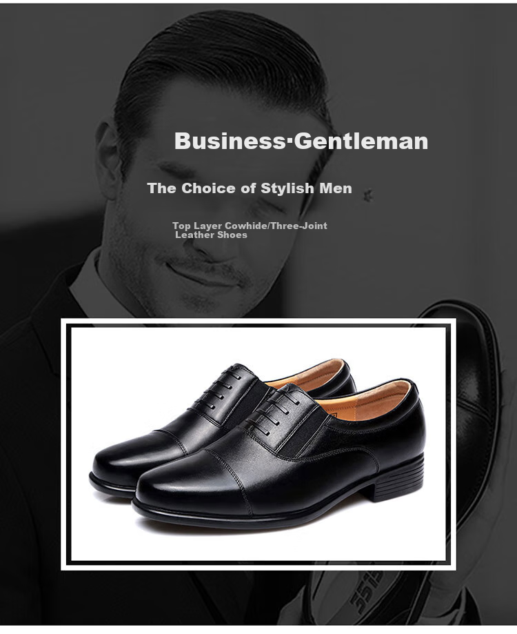 Qiangren Business Formal Shoes, Jihua 3515 Three-Joint Leather Shoes, Top-Grain Cowhide Men's Shoes, Slip-On Derby Shoes, Black, Size 40 10