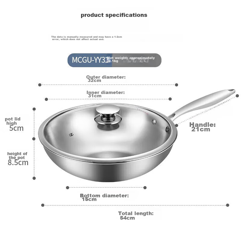 MAXCOOK 304 Stainless Steel Wok with Lid, 32cm Three-Layer Steel Pot, Compatible with Induction And Gas Stoves MCGU-YY32