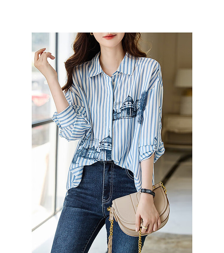 Dme [City Stroll] Spring And Autumn Artistic Striped Architectural Print Shirt, Drop Shoulder Comfortable Slim-Fit Blouse, Women's Top 12