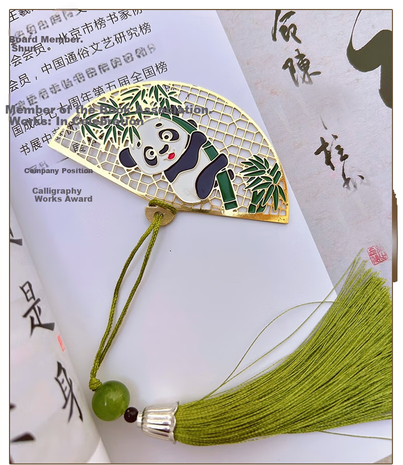 Fenshang Folding Fan Panda Bookmark, Cute Creative Metal Hollow Brass-Colored Chinese Style Student Reading Page Divider, Simple Artistic Tassel Birthday Gift 3