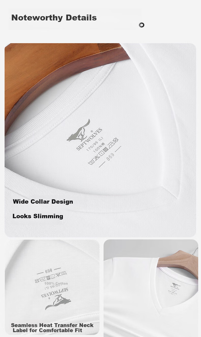 SEPTWOLVES [Classic V-Neck] Men's Short-Sleeve Pure Cotton T-Shirt, Running Sports Base Layer, Sweat-Absorbing Breathable All-Cotton Plain White T-Shirt for Home Wear 14