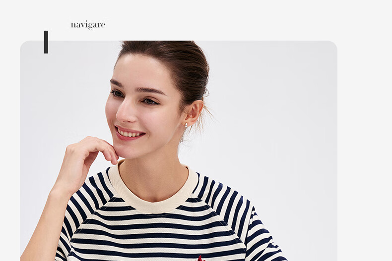 Navigare Women's All-Cotton Loose Long-Sleeve Sweatshirt, Striped Round Neck T-Shirt, 2315005501 20