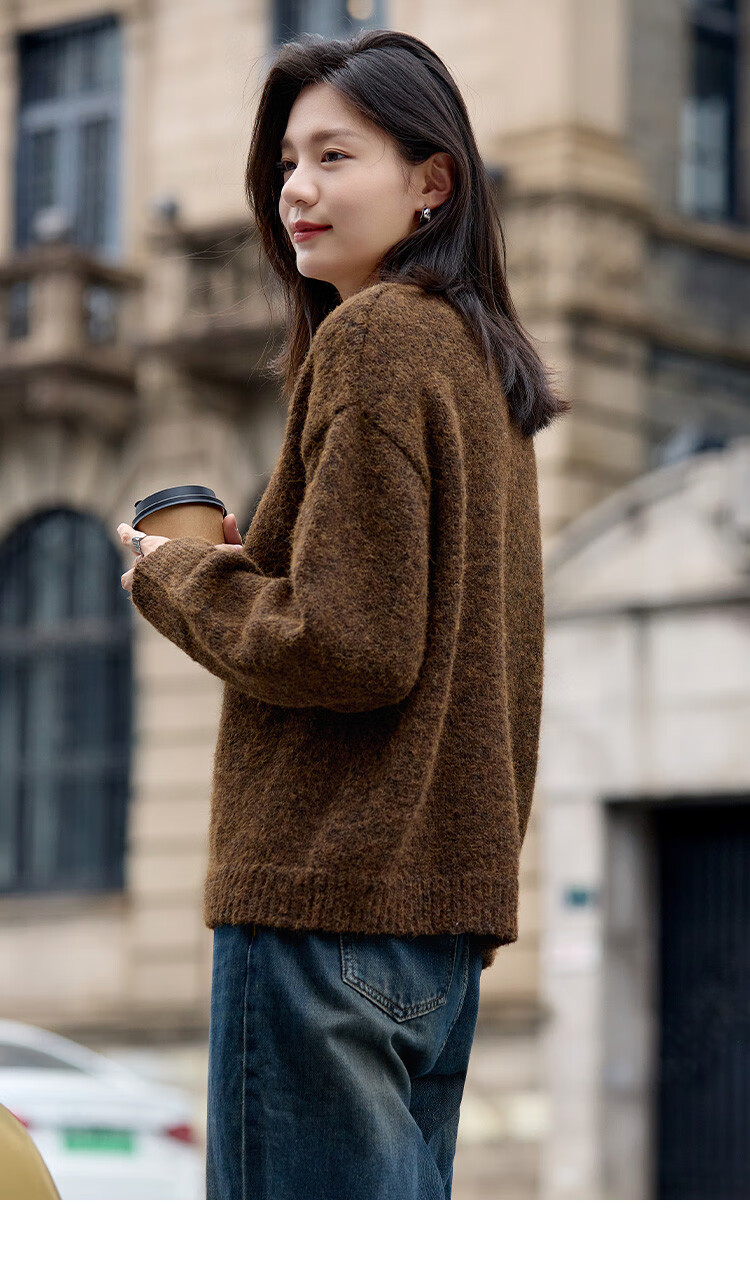 Dme Wilderness Forest Sweater Winter Style Knitted Top Retro Brightening Lazy Round Neck Sweater for Women, Dark Coffee Color, M 10