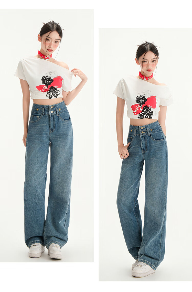 Langsha Women's Jeans Spring Autumn High Waist Slim Wide Leg Draped Loose Straight Floor-Length Pants 17