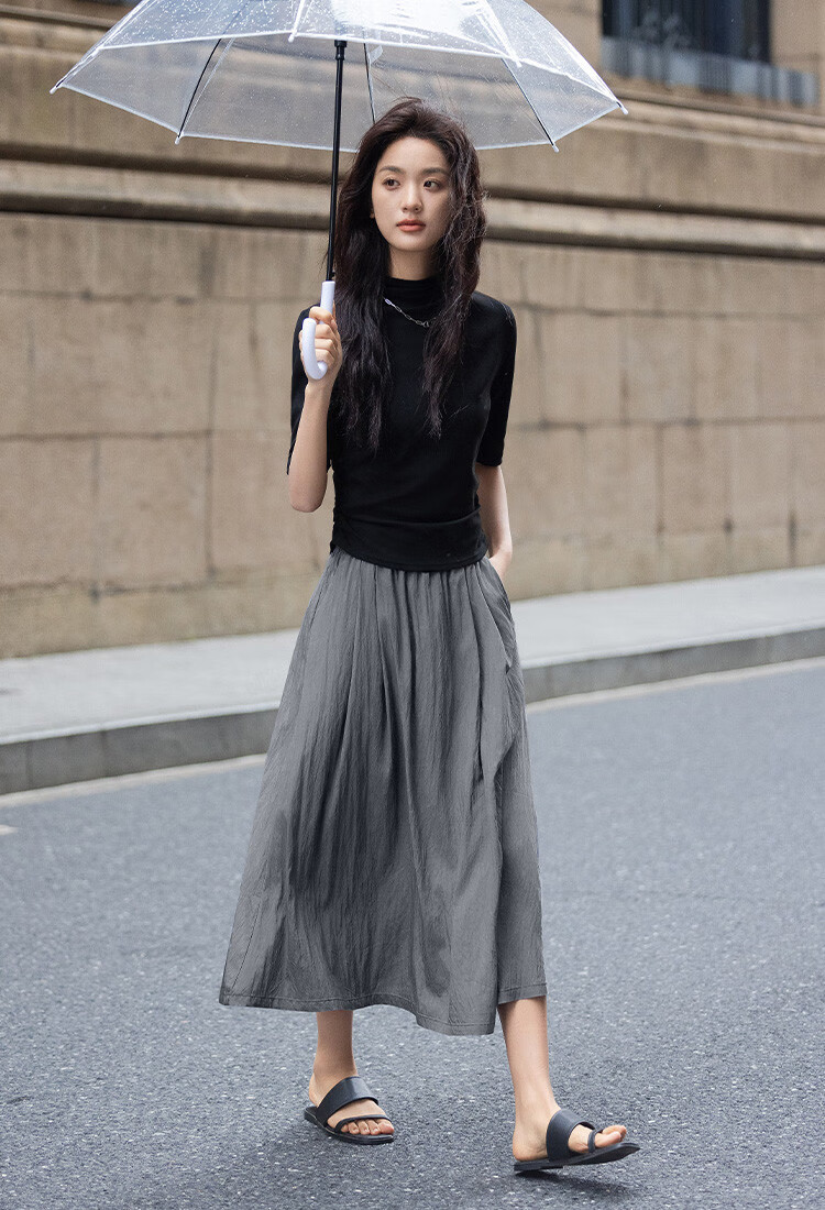 Dme [Relaxed Gray Midi Skirt] Spring And Autumn Wear, Draping, Simple, Loose-Fitting, Elastic Waist, Everyday Layered Midi Skirt 6