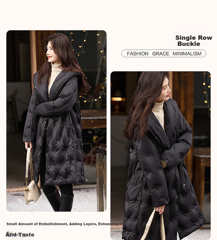 Dme [Winter Snow] Winter Hooded Loose 90% Duck Down Spring Yarn down Jacket for Women, Mid-Length Coat, Chocolate, M 4