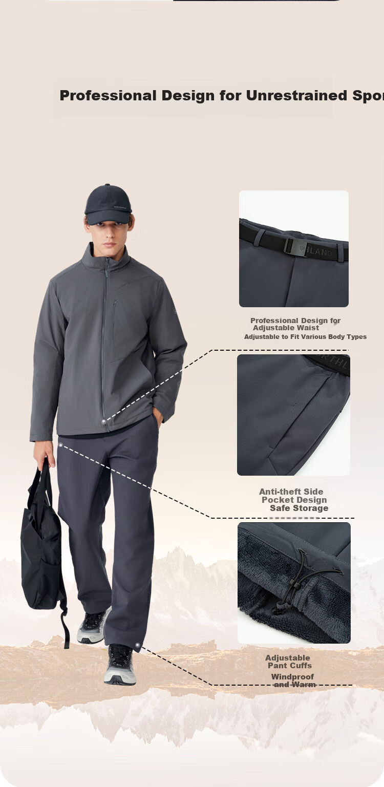 NORTHLAND White Birch Men's Thickened Windproof Water-Repellent Warm Fleece Softshell Hiking Mountaineering Pants 5