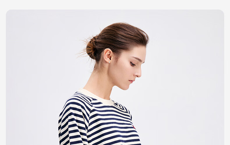 Navigare Women's All-Cotton Loose Long-Sleeve Sweatshirt, Striped Round Neck T-Shirt, 2315005501 8