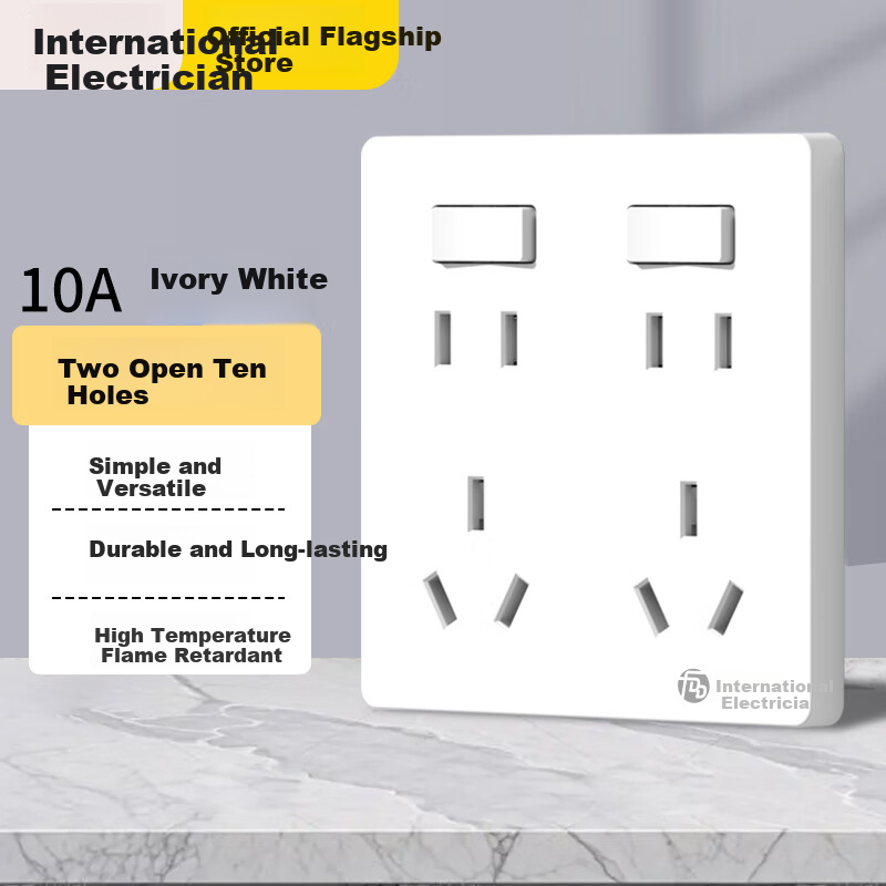 FDD 86-Type Switch Socket, Two-Gang Ten-Hole Socket, 2 Switches 10 Holes Wall Power Large Panel, Two Switches Ten Holes, White