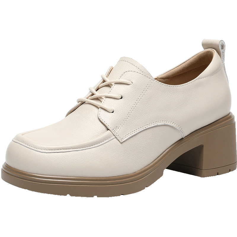 ZHR ZEZHE First Layer Cowhide Women's Commuter Thick Heel Lace-up Work Professional Loafers KM07 Beige Size 37