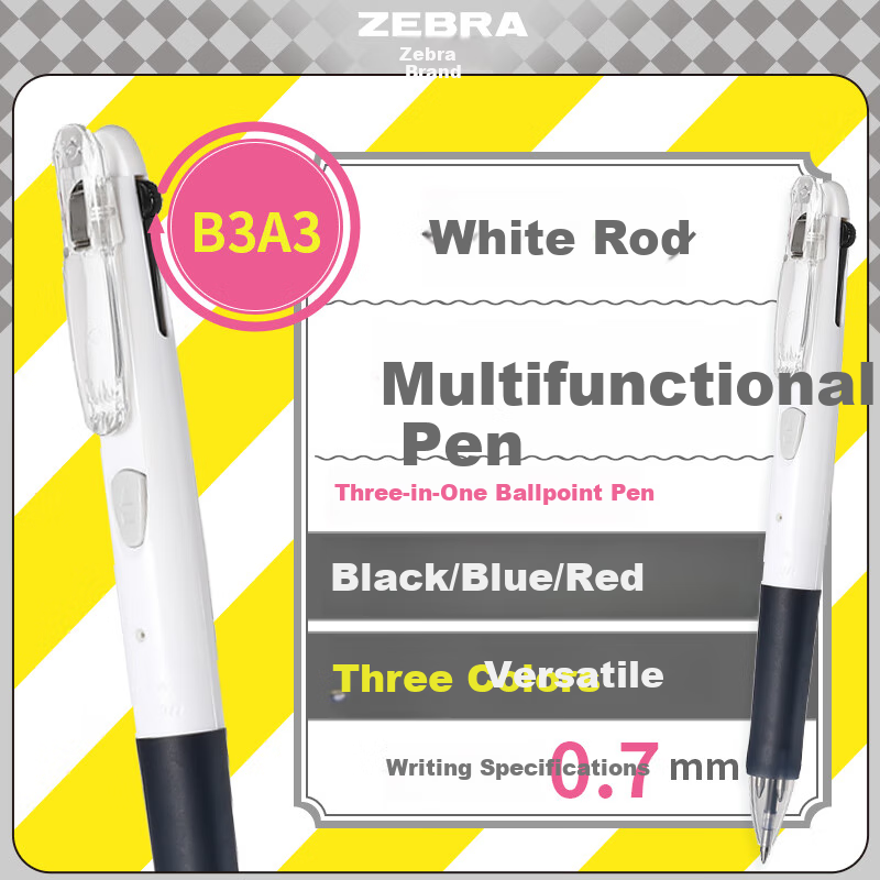 ZEBRA Tri-Color Ballpoint Pen, 0.7mm Bullet Tip, Push-Button Multifunctional Pen, Multi-Color Medium Oil Pen, Student Marker Pen, B3A3, White Barrel