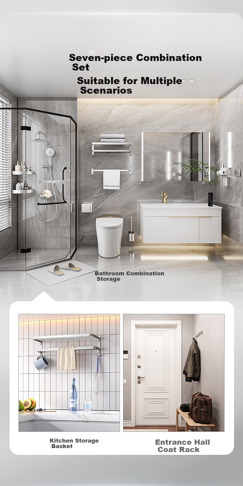 HEGII Wall Hanging Set, Bathroom Storage Rack Towel Holder No-Drill Space Aluminum Accessories 7-Piece Set HMP922K07 9