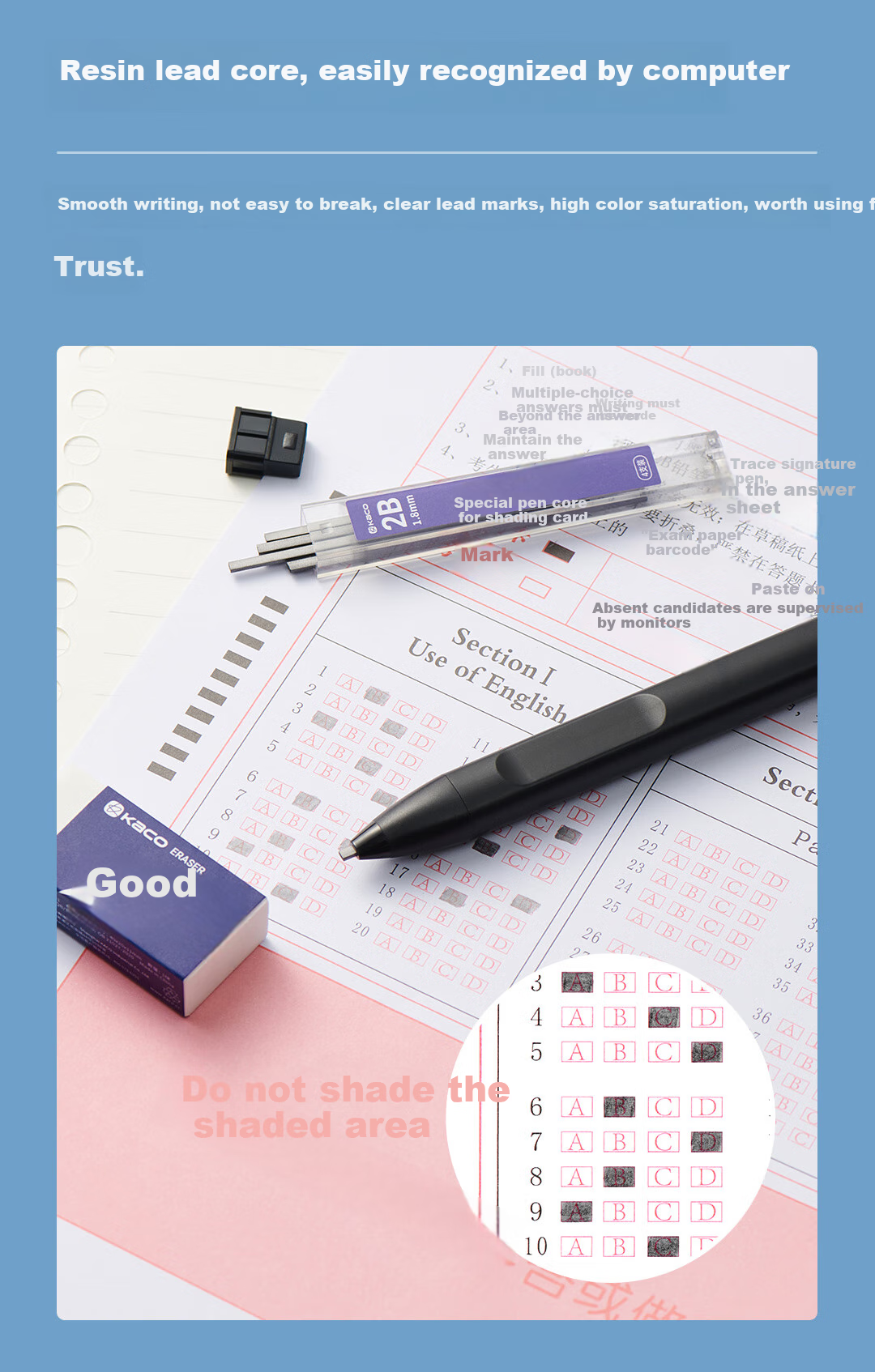 KACO Not Bad Pencil Sharpener for Exam Use, Automatic Pencil Sharpener for Middle School, High School And Graduate Entrance Exams, Answer Sheet Pencil Sharpener for Exam Use (Pencil Sharpener *1 + Lead Refills *1 + Eraser *1) 4