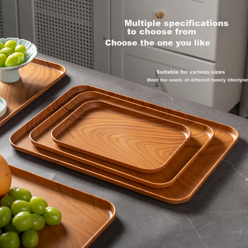 CAIZHI Rectangular Tray, Chinese Tea Tray for Home Use, Cup Holder, Fruit Plate, Draining Tray, Wood Grain Imitation, Medium Size CZ6216