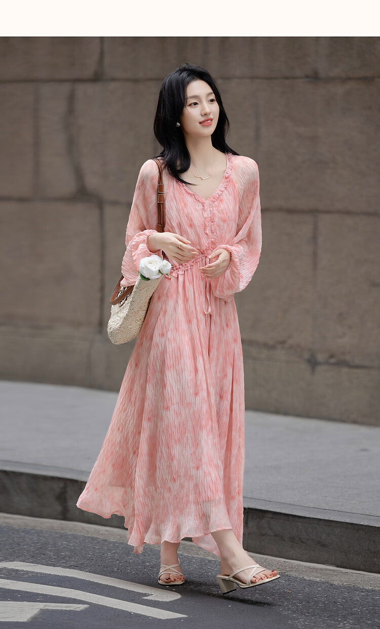 Dme [French-Style Muse] Spring Lightweight Wrinkle-Resistant Chiffon Floral Fairy Dress, Waist-Cinching Ruffle Trim Women's Dress 10