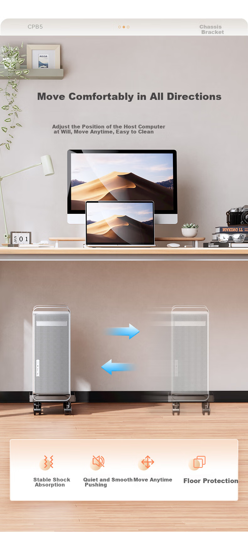 ORICO Computer Tower Stand with Universal Wheels And Locking Clamps, Free-Moving Desktop Computer Case Stand Base Tray, Multi-Size Compatible CPB6 5