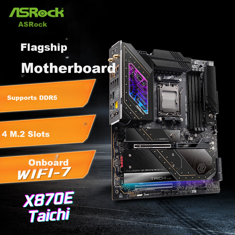 ASRock X870E Tai Chi Motherboard, DDR5 Compatible with AMD CPU 9800X3D/9850X3D (AMD X870E/Socket AM5)