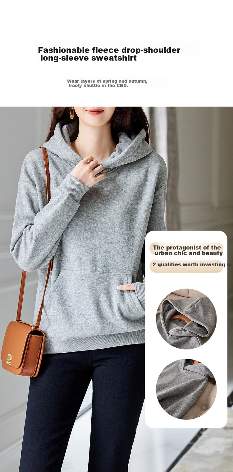 Dme [Hooded Commuter] Winter Fashion Fleece-Lined Drop Shoulder Long Sleeve Pocket Commuter Sweatshirt for Women, Linen Gray, M 2