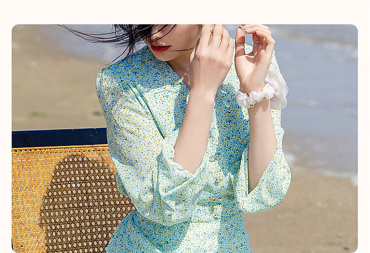 Dme [Sweet Floral Chiffon Umbrella Dress], Spring And Autumn V-Neck Waist-Cinching Long-Sleeve Dress, Mid-Length Women's Dress 5