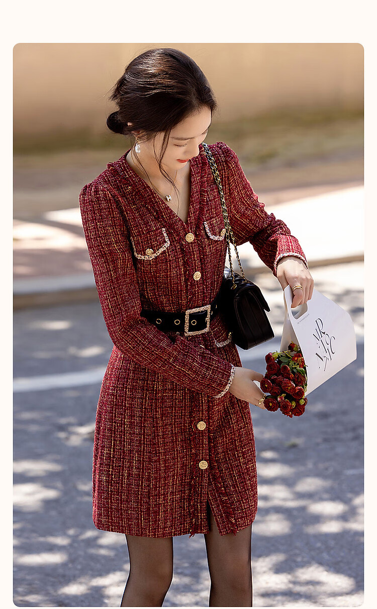 Dme [Qianjin Madeleine] Winter Socialite Little Chanel Style V-Neck Tassel Frayed Ribbon A-Line Mid-Length Dress for Women 2