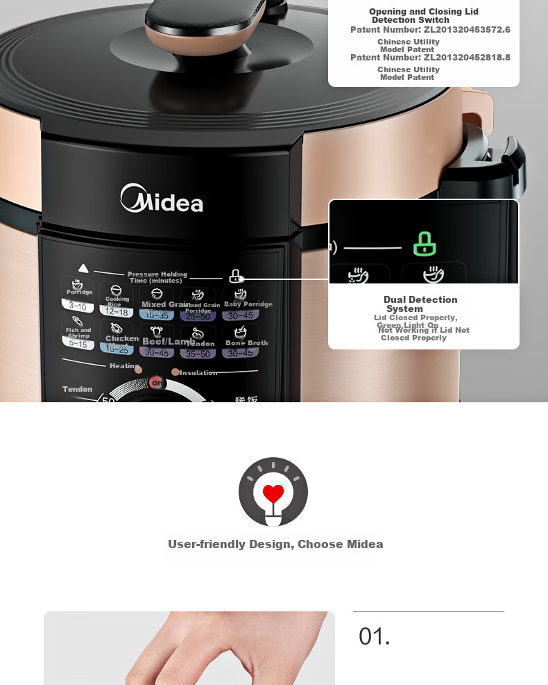 Midea Electric Pressure Cooker, Home Use 5L Double Pot, Large Capacity Multifunctional Rice Cooker, One-Button Air Release, Mechanical Control Electric High Pressure Cooker 13
