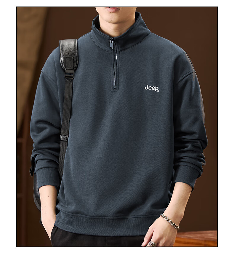 JEEP American-Style Sweatshirt for Men, Spring Trendy Semi-Turtleneck Zip-Up Top, Loose Casual Long-Sleeve T-Shirt for Men's Clothing 7