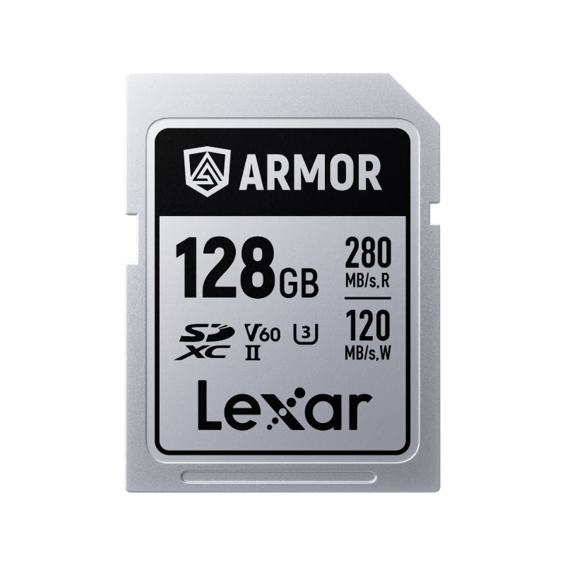 Lexar 128GB SD Memory Card V60 6K Video Camera, Stainless Steel Metal Triple Protection Card, Read 280MB/s Write 120MB/s, Pressure-Resistant Wear-Resistant Durable ARMOR Silver Card