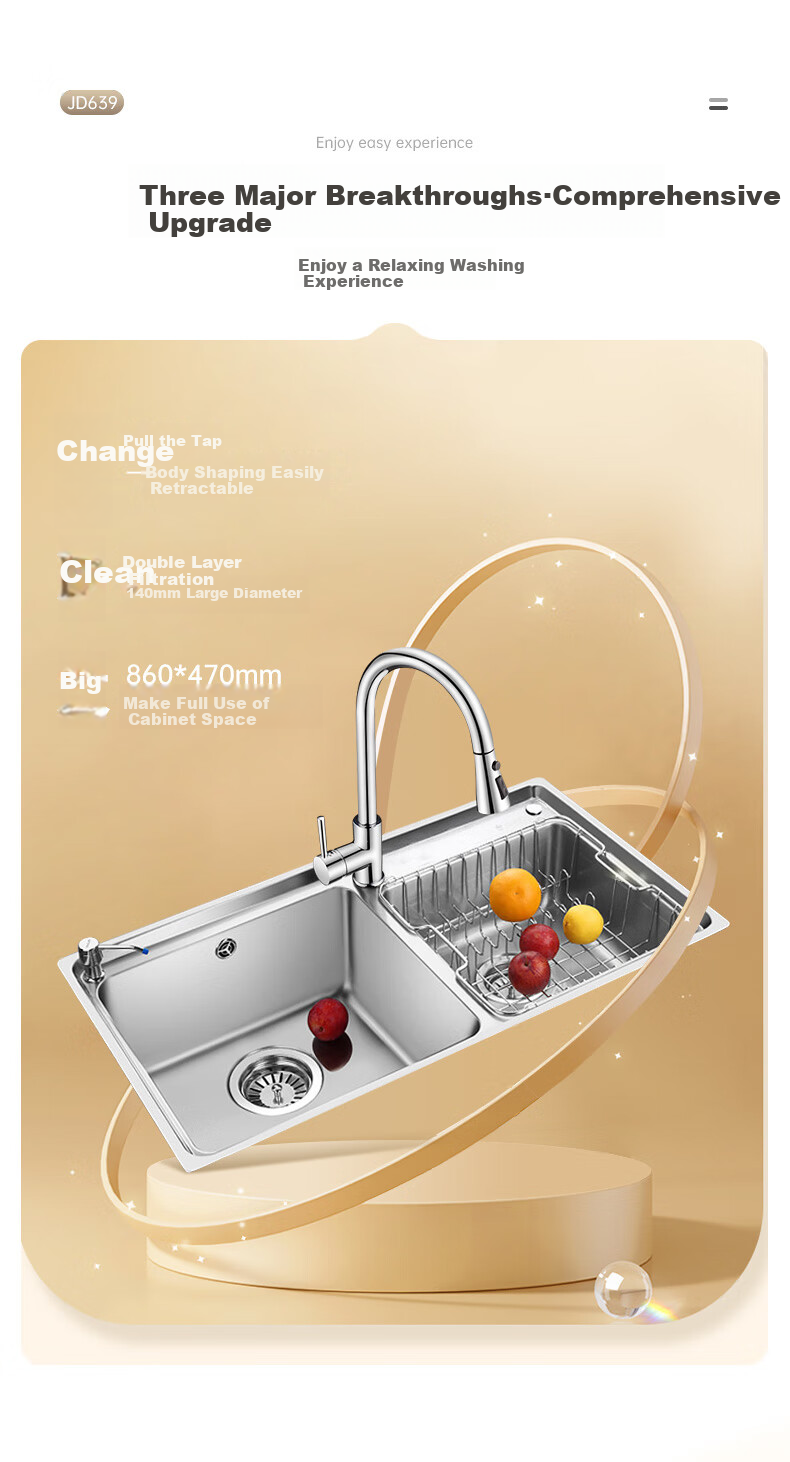 OULIN Double Sink Kitchen Sink, 0 Coating, SUS304 Stainless Steel, Thickened Water Basin with Brass Pull-Out Faucet 2