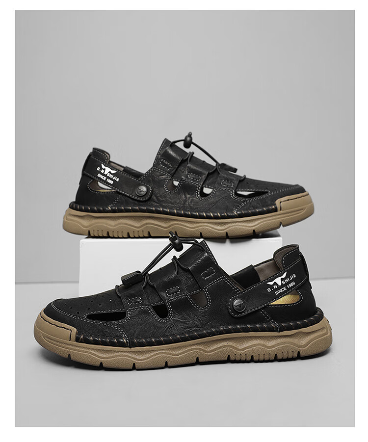 Bull Family Baotou Leather Sandals Men Summer Outdoor Beach Shoes Casual Driving Shoes Black Size 40 16