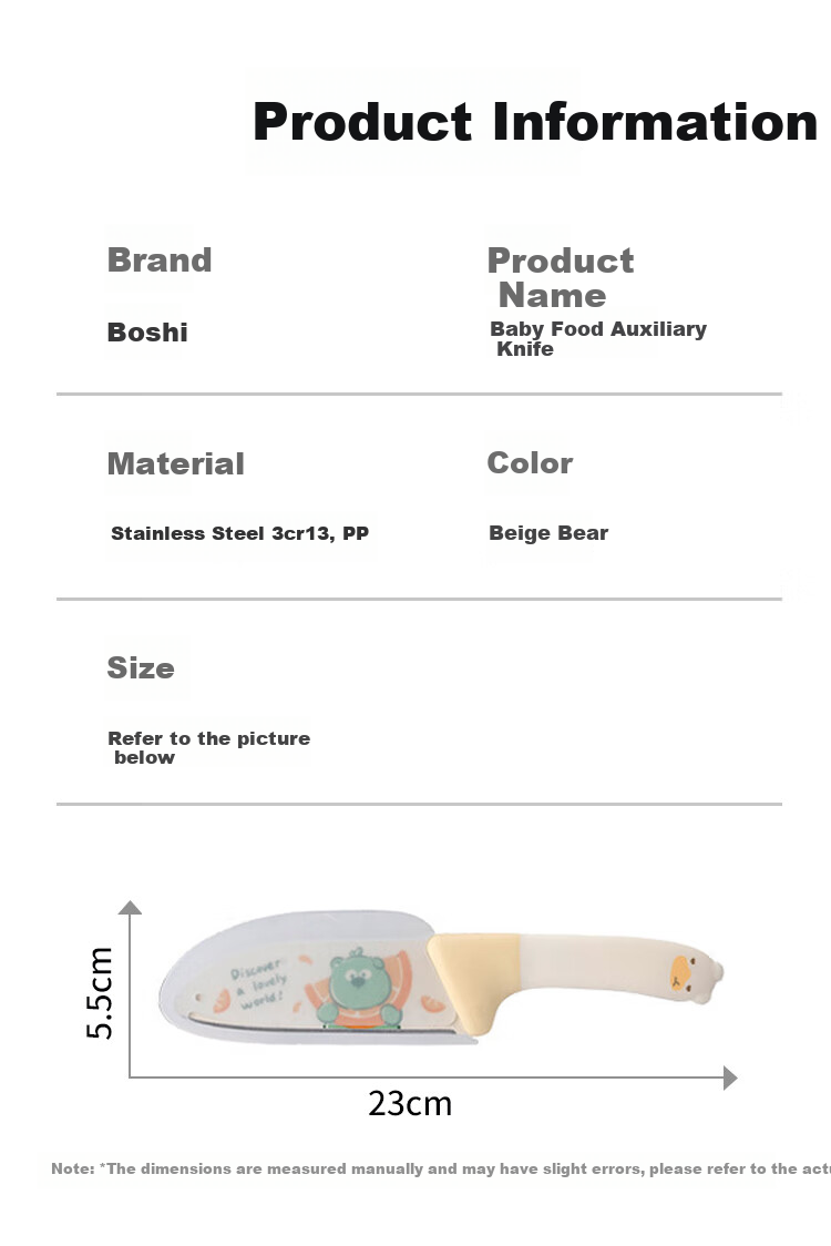 Baoshi Children's Small Kitchen Knife with Hand Guard, Stainless Steel Fruit Knife, Portable Outdoor Cutlery Set, Beige Bear Desig 7