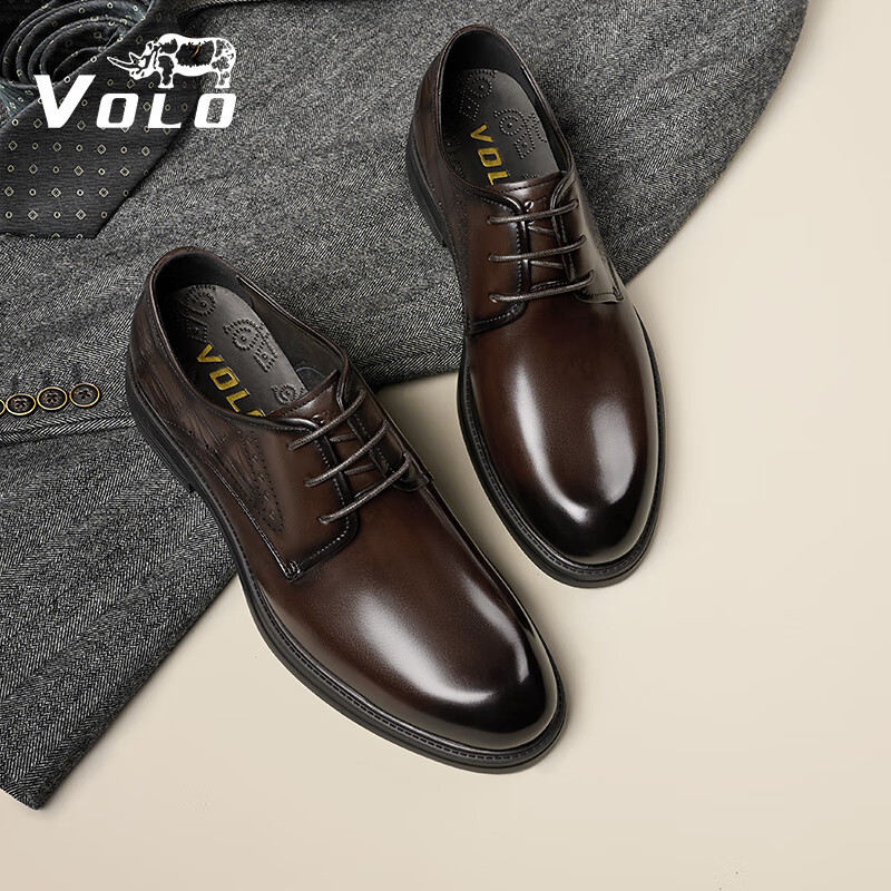 VOLO Rhinoceros Formal Leather Shoes, Men's Business Derby Shoes, Cowhide Commuter Shoes for Men, Brown, Size 41