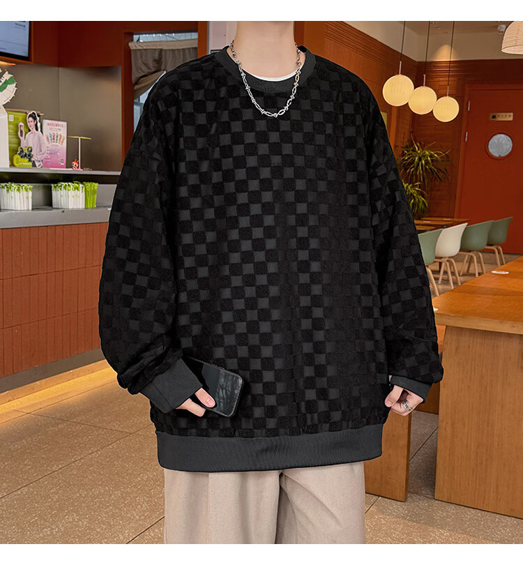Dingfengbaoluo Japanese-Style Plaid Crew Neck Sweatshirt for Men, Spring Loose-Fitting High-End Casual Base Layer Top DFL77 Black XL 17