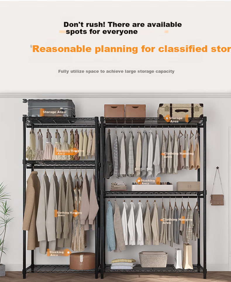 Chuanjing Floor-Standing Clothes Rack, Bedroom Metal Wardrobe Steel Frame, Double-Layer Home Coat Closet Combination Rack, Steel Shelf-Style Wardrobe 7