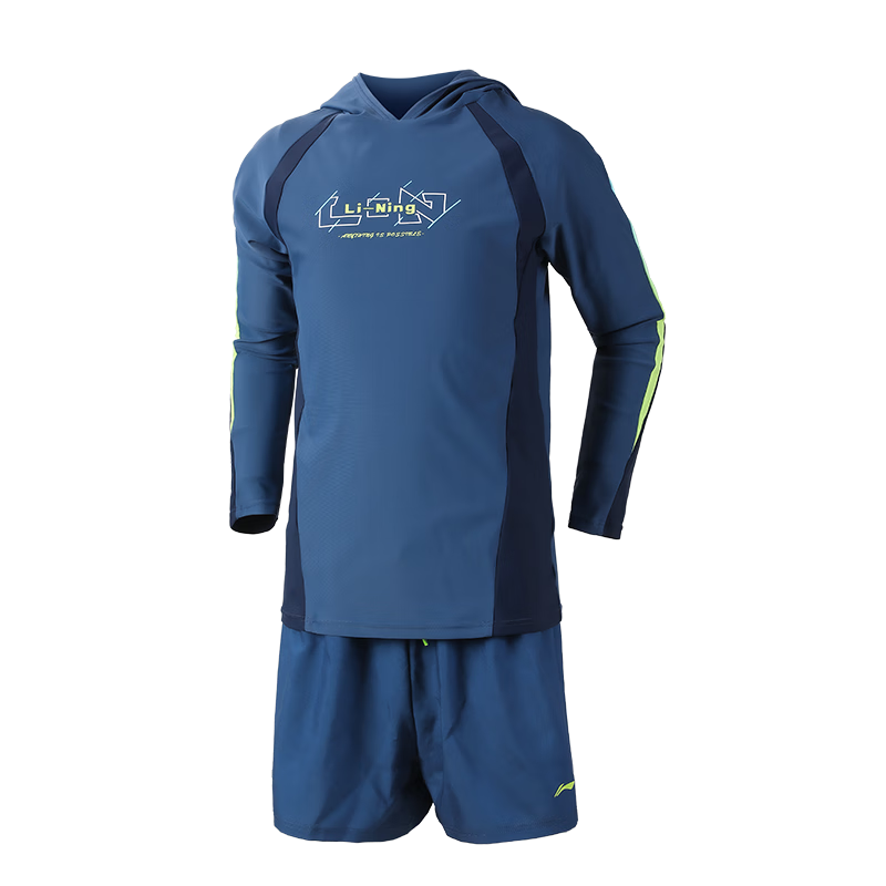 Li-Ning Children's Swimwear, Boys' Long-Sleeve Sun Protection Two-Piece Surfing Suit, Patterned Swim Trunks, Hot Spring Swimming Gear, 8031 Blue, Size 150