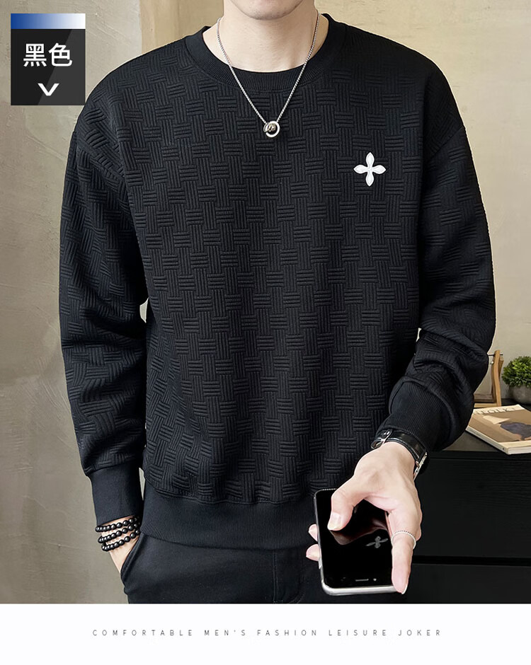 ROMON Men's Sweatshirt Spring and Autumn Casual Long Sleeve T-Shirt Basic Versatile Top Black XL 5